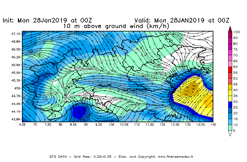 Mappa di analisi GFS - Velocità del vento a 10 metri dal suolo [km/h] in Nord-Italia
							del 28/01/2019 00 <!--googleoff: index-->UTC<!--googleon: index-->