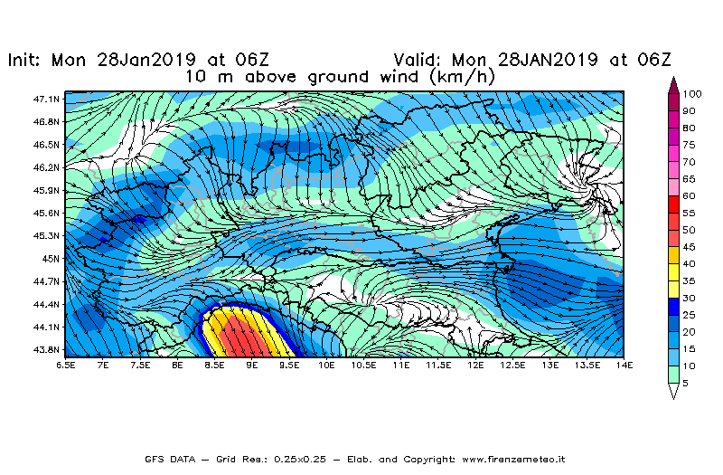 Mappa di analisi GFS - Velocità del vento a 10 metri dal suolo [km/h] in Nord-Italia
							del 28/01/2019 06 <!--googleoff: index-->UTC<!--googleon: index-->