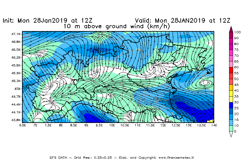 Mappa di analisi GFS - Velocità del vento a 10 metri dal suolo [km/h] in Nord-Italia
							del 28/01/2019 12 <!--googleoff: index-->UTC<!--googleon: index-->