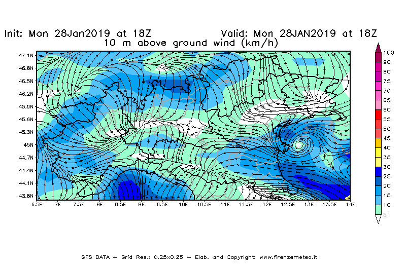 Mappa di analisi GFS - Velocità del vento a 10 metri dal suolo [km/h] in Nord-Italia
							del 28/01/2019 18 <!--googleoff: index-->UTC<!--googleon: index-->