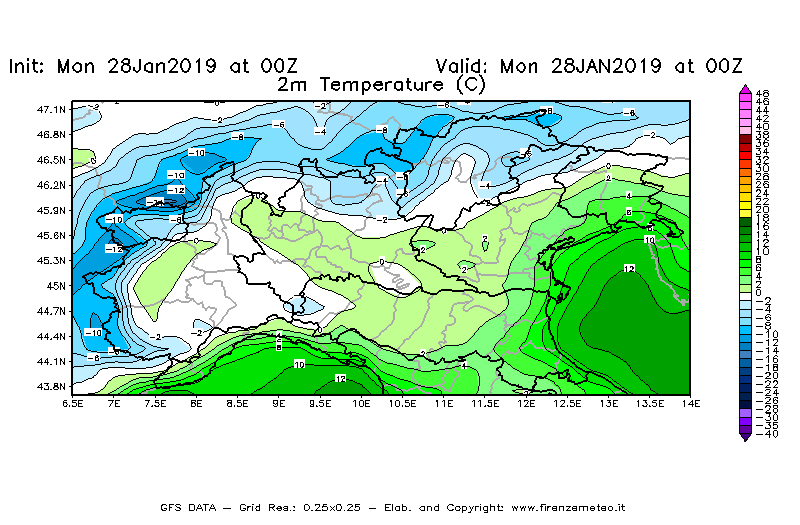Mappa di analisi GFS - Temperatura a 2 metri dal suolo [°C] in Nord-Italia
							del 28/01/2019 00 <!--googleoff: index-->UTC<!--googleon: index-->