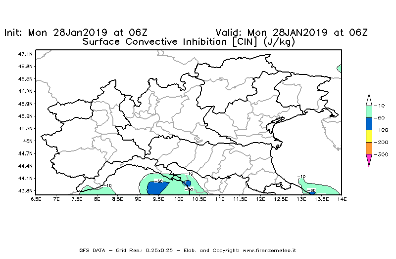 Mappa di analisi GFS - CIN [J/kg] in Nord-Italia
							del 28/01/2019 06 <!--googleoff: index-->UTC<!--googleon: index-->