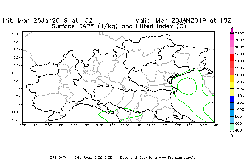 Mappa di analisi GFS - CAPE [J/kg] e Lifted Index [°C] in Nord-Italia
							del 28/01/2019 18 <!--googleoff: index-->UTC<!--googleon: index-->