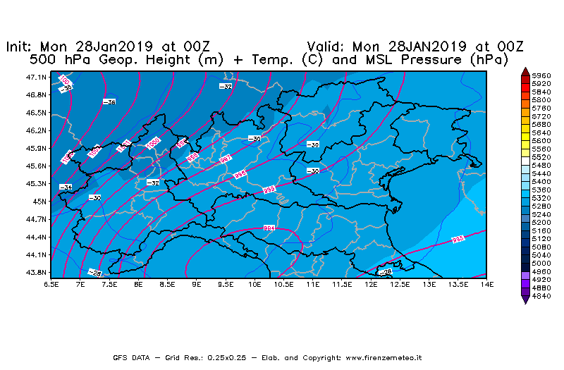 Mappa di analisi GFS - Geopotenziale [m] + Temp. [°C] a 500 hPa + Press. a livello del mare [hPa] in Nord-Italia
							del 28/01/2019 00 <!--googleoff: index-->UTC<!--googleon: index-->