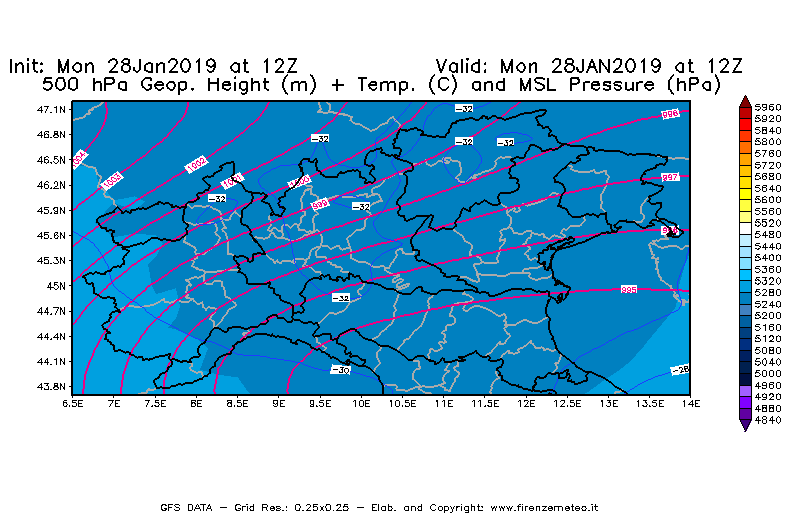 Mappa di analisi GFS - Geopotenziale [m] + Temp. [°C] a 500 hPa + Press. a livello del mare [hPa] in Nord-Italia
							del 28/01/2019 12 <!--googleoff: index-->UTC<!--googleon: index-->