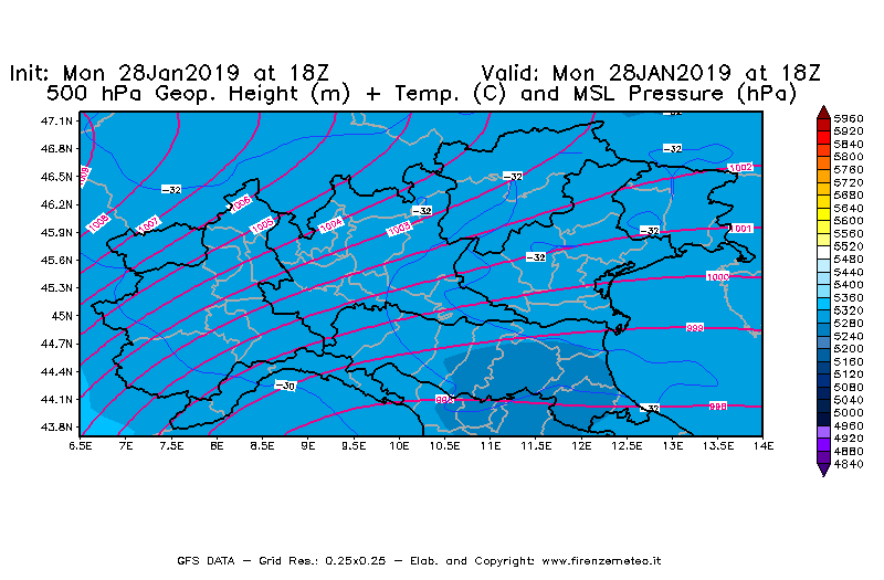 Mappa di analisi GFS - Geopotenziale [m] + Temp. [°C] a 500 hPa + Press. a livello del mare [hPa] in Nord-Italia
							del 28/01/2019 18 <!--googleoff: index-->UTC<!--googleon: index-->