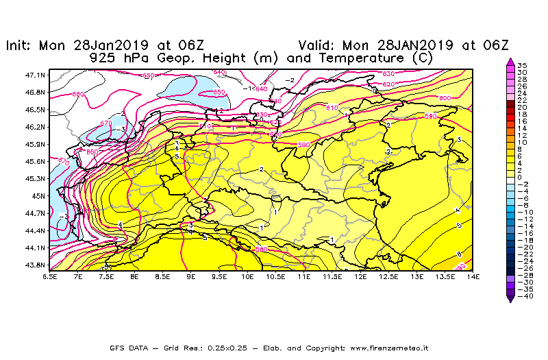 Mappa di analisi GFS - Geopotenziale [m] e Temperatura [°C] a 925 hPa in Nord-Italia
							del 28/01/2019 06 <!--googleoff: index-->UTC<!--googleon: index-->