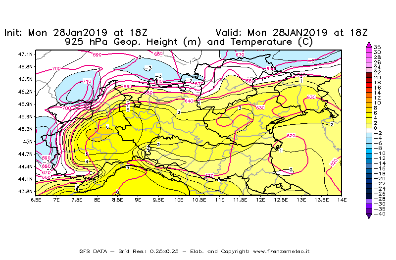 Mappa di analisi GFS - Geopotenziale [m] e Temperatura [°C] a 925 hPa in Nord-Italia
							del 28/01/2019 18 <!--googleoff: index-->UTC<!--googleon: index-->