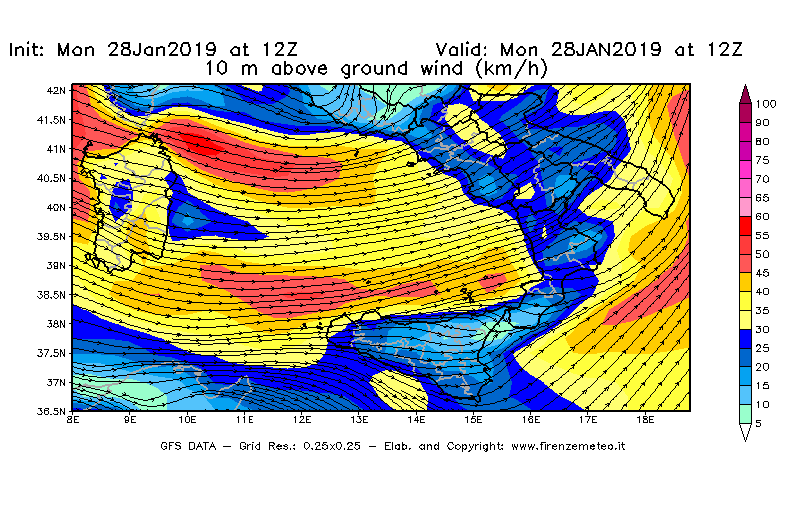 Mappa di analisi GFS - Velocità del vento a 10 metri dal suolo [km/h] in Sud-Italia
							del 28/01/2019 12 <!--googleoff: index-->UTC<!--googleon: index-->