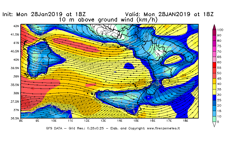 Mappa di analisi GFS - Velocità del vento a 10 metri dal suolo [km/h] in Sud-Italia
							del 28/01/2019 18 <!--googleoff: index-->UTC<!--googleon: index-->
