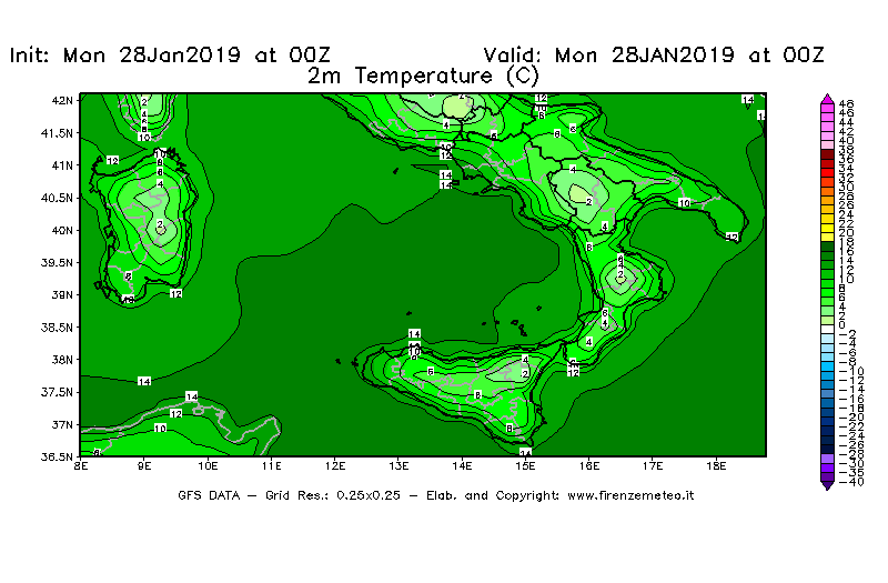 Mappa di analisi GFS - Temperatura a 2 metri dal suolo [°C] in Sud-Italia
							del 28/01/2019 00 <!--googleoff: index-->UTC<!--googleon: index-->