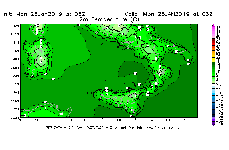 Mappa di analisi GFS - Temperatura a 2 metri dal suolo [°C] in Sud-Italia
							del 28/01/2019 06 <!--googleoff: index-->UTC<!--googleon: index-->