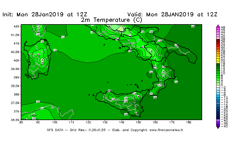 Mappa di analisi GFS - Temperatura a 2 metri dal suolo [°C] in Sud-Italia
							del 28/01/2019 12 <!--googleoff: index-->UTC<!--googleon: index-->