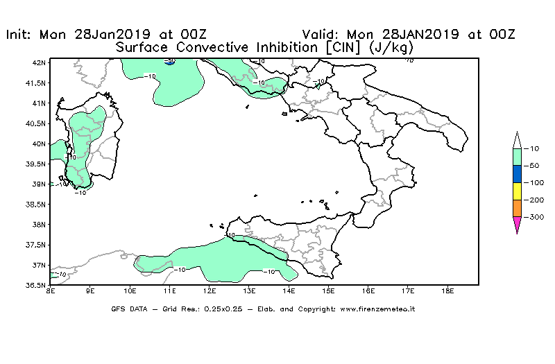 Mappa di analisi GFS - CIN [J/kg] in Sud-Italia
							del 28/01/2019 00 <!--googleoff: index-->UTC<!--googleon: index-->
