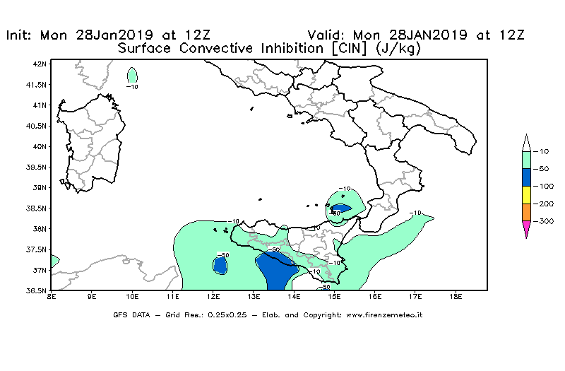 Mappa di analisi GFS - CIN [J/kg] in Sud-Italia
							del 28/01/2019 12 <!--googleoff: index-->UTC<!--googleon: index-->