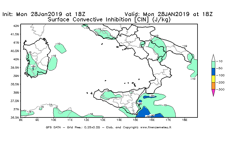 Mappa di analisi GFS - CIN [J/kg] in Sud-Italia
							del 28/01/2019 18 <!--googleoff: index-->UTC<!--googleon: index-->