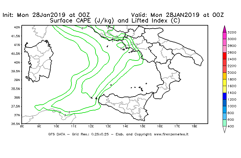 Mappa di analisi GFS - CAPE [J/kg] e Lifted Index [°C] in Sud-Italia
							del 28/01/2019 00 <!--googleoff: index-->UTC<!--googleon: index-->