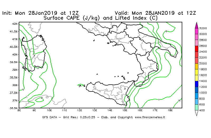 Mappa di analisi GFS - CAPE [J/kg] e Lifted Index [°C] in Sud-Italia
							del 28/01/2019 12 <!--googleoff: index-->UTC<!--googleon: index-->