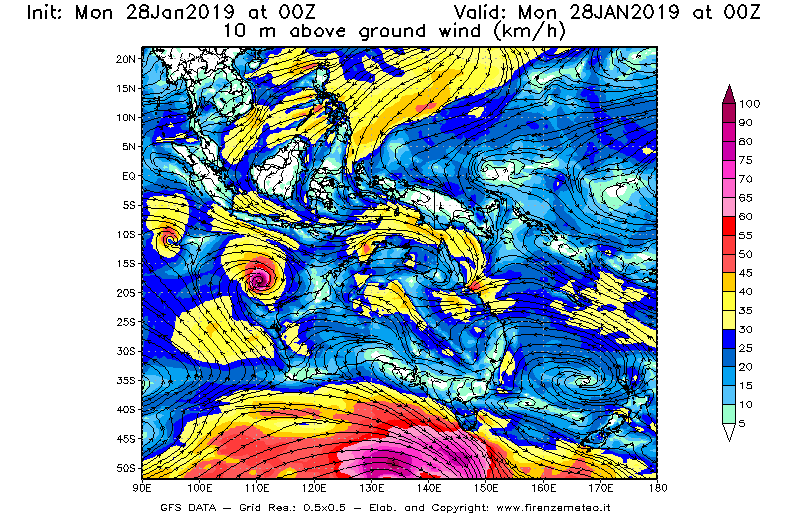 Mappa di analisi GFS - Velocità del vento a 10 metri dal suolo [km/h] in Oceania
							del 28/01/2019 00 <!--googleoff: index-->UTC<!--googleon: index-->