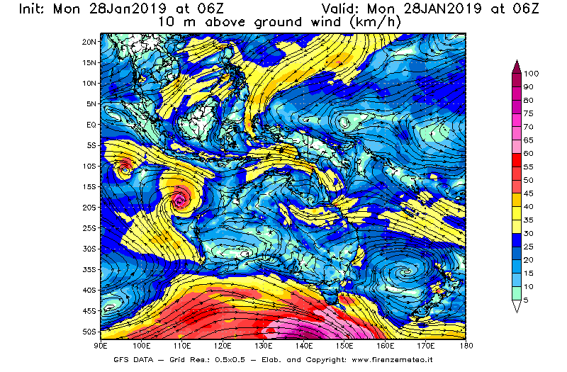 Mappa di analisi GFS - Velocità del vento a 10 metri dal suolo [km/h] in Oceania
							del 28/01/2019 06 <!--googleoff: index-->UTC<!--googleon: index-->