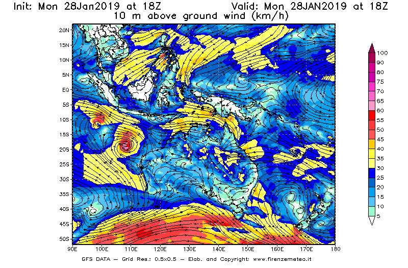 Mappa di analisi GFS - Velocità del vento a 10 metri dal suolo [km/h] in Oceania
							del 28/01/2019 18 <!--googleoff: index-->UTC<!--googleon: index-->