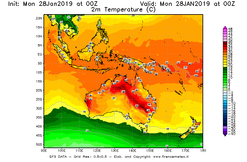 Mappa di analisi GFS - Temperatura a 2 metri dal suolo [°C] in Oceania
							del 28/01/2019 00 <!--googleoff: index-->UTC<!--googleon: index-->