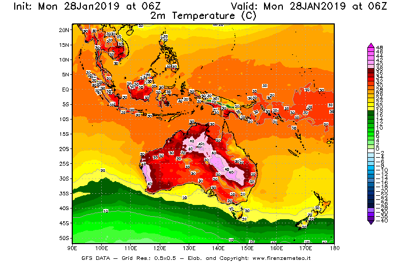 Mappa di analisi GFS - Temperatura a 2 metri dal suolo [°C] in Oceania
							del 28/01/2019 06 <!--googleoff: index-->UTC<!--googleon: index-->