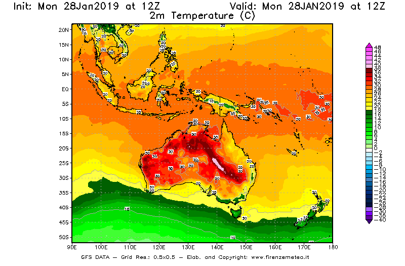 Mappa di analisi GFS - Temperatura a 2 metri dal suolo [°C] in Oceania
							del 28/01/2019 12 <!--googleoff: index-->UTC<!--googleon: index-->