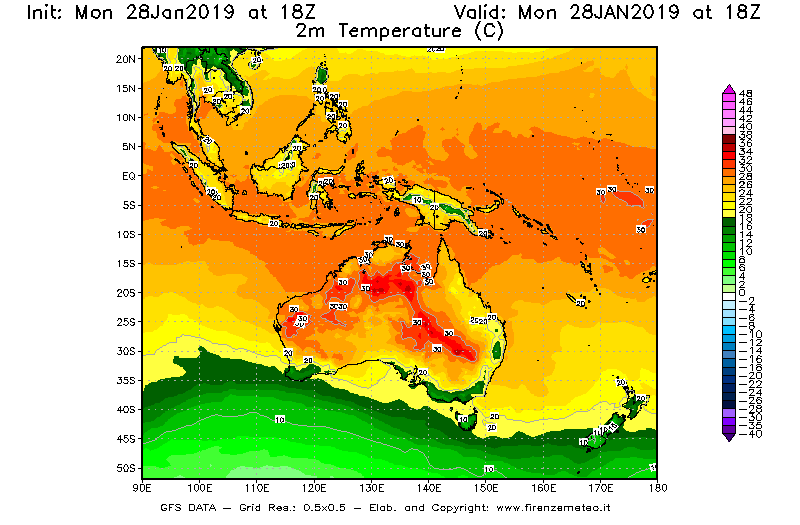 Mappa di analisi GFS - Temperatura a 2 metri dal suolo [°C] in Oceania
							del 28/01/2019 18 <!--googleoff: index-->UTC<!--googleon: index-->