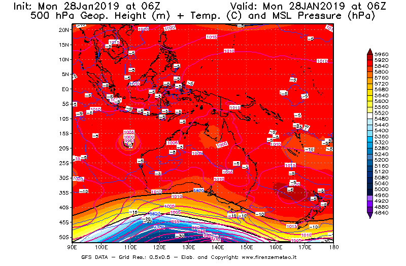 Mappa di analisi GFS - Geopotenziale [m] + Temp. [°C] a 500 hPa + Press. a livello del mare [hPa] in Oceania
							del 28/01/2019 06 <!--googleoff: index-->UTC<!--googleon: index-->