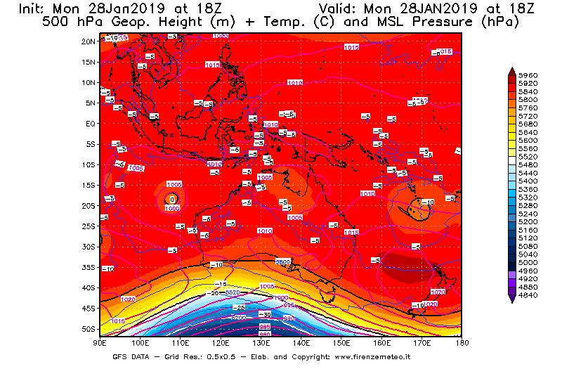 Mappa di analisi GFS - Geopotenziale [m] + Temp. [°C] a 500 hPa + Press. a livello del mare [hPa] in Oceania
							del 28/01/2019 18 <!--googleoff: index-->UTC<!--googleon: index-->