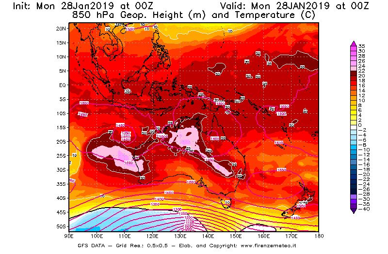 Mappa di analisi GFS - Geopotenziale [m] e Temperatura [°C] a 850 hPa in Oceania
							del 28/01/2019 00 <!--googleoff: index-->UTC<!--googleon: index-->