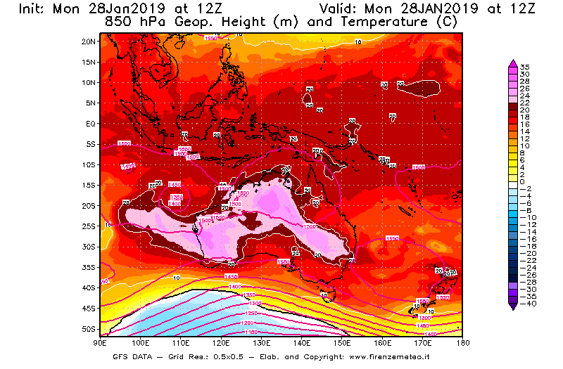 Mappa di analisi GFS - Geopotenziale [m] e Temperatura [°C] a 850 hPa in Oceania
							del 28/01/2019 12 <!--googleoff: index-->UTC<!--googleon: index-->