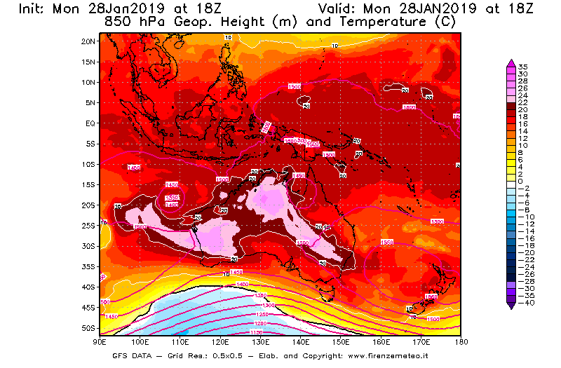 Mappa di analisi GFS - Geopotenziale [m] e Temperatura [°C] a 850 hPa in Oceania
							del 28/01/2019 18 <!--googleoff: index-->UTC<!--googleon: index-->