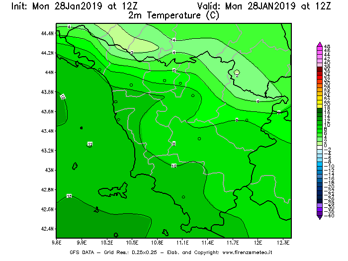 Mappa di analisi GFS - Temperatura a 2 metri dal suolo [°C] in Toscana
							del 28/01/2019 12 <!--googleoff: index-->UTC<!--googleon: index-->
