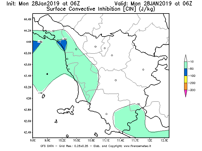 Mappa di analisi GFS - CIN [J/kg] in Toscana
							del 28/01/2019 06 <!--googleoff: index-->UTC<!--googleon: index-->