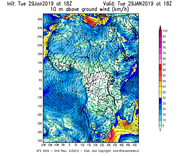 Mappa di analisi GFS - Velocità del vento a 10 metri dal suolo [km/h] in Africa
							del 29/01/2019 18 <!--googleoff: index-->UTC<!--googleon: index-->