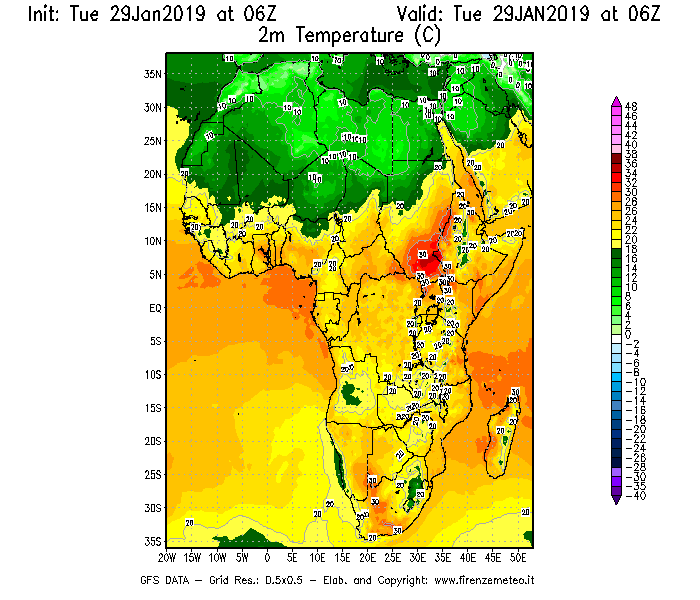 Mappa di analisi GFS - Temperatura a 2 metri dal suolo [°C] in Africa
							del 29/01/2019 06 <!--googleoff: index-->UTC<!--googleon: index-->