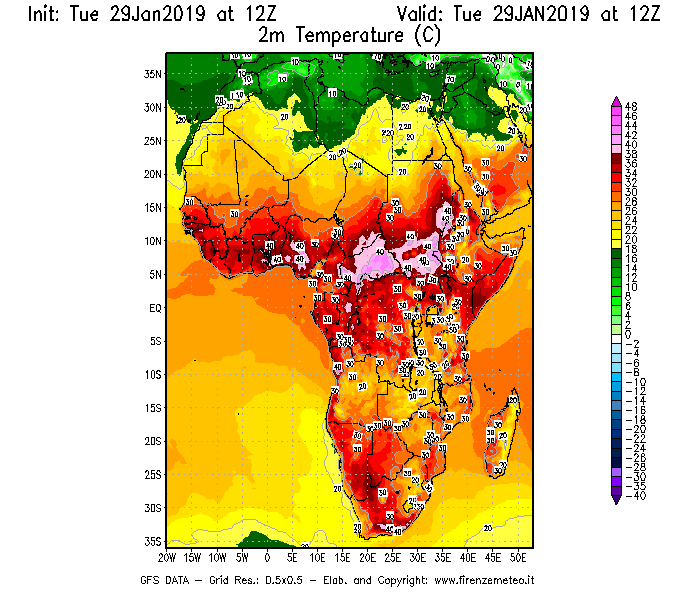 Mappa di analisi GFS - Temperatura a 2 metri dal suolo [°C] in Africa
							del 29/01/2019 12 <!--googleoff: index-->UTC<!--googleon: index-->