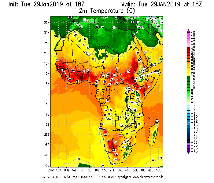 Mappa di analisi GFS - Temperatura a 2 metri dal suolo [°C] in Africa
							del 29/01/2019 18 <!--googleoff: index-->UTC<!--googleon: index-->