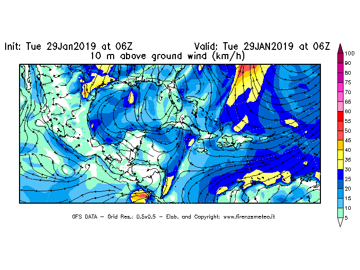 Mappa di analisi GFS - Velocità del vento a 10 metri dal suolo [km/h] in Centro-America
							del 29/01/2019 06 <!--googleoff: index-->UTC<!--googleon: index-->