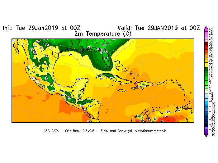 Mappa di analisi GFS - Temperatura a 2 metri dal suolo [°C] in Centro-America
							del 29/01/2019 00 <!--googleoff: index-->UTC<!--googleon: index-->