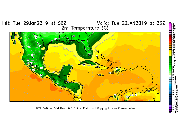 Mappa di analisi GFS - Temperatura a 2 metri dal suolo [°C] in Centro-America
							del 29/01/2019 06 <!--googleoff: index-->UTC<!--googleon: index-->