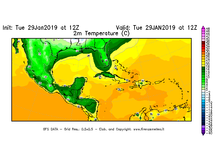 Mappa di analisi GFS - Temperatura a 2 metri dal suolo [°C] in Centro-America
							del 29/01/2019 12 <!--googleoff: index-->UTC<!--googleon: index-->