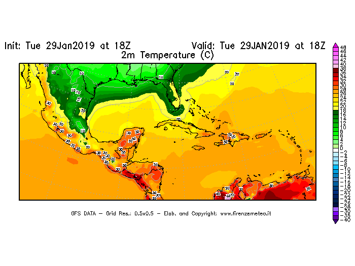 Mappa di analisi GFS - Temperatura a 2 metri dal suolo [°C] in Centro-America
							del 29/01/2019 18 <!--googleoff: index-->UTC<!--googleon: index-->