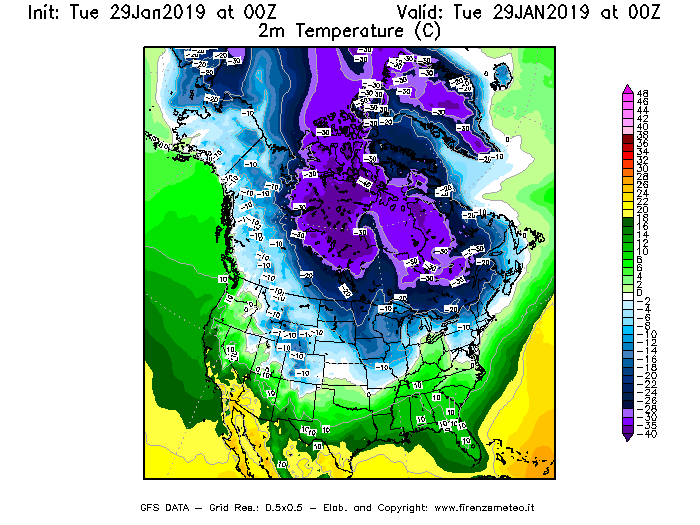 Mappa di analisi GFS - Temperatura a 2 metri dal suolo [°C] in Nord-America
							del 29/01/2019 00 <!--googleoff: index-->UTC<!--googleon: index-->