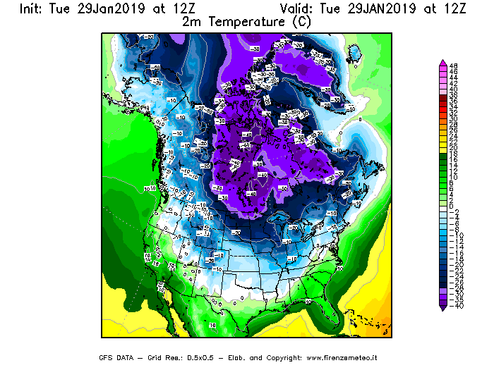 Mappa di analisi GFS - Temperatura a 2 metri dal suolo [°C] in Nord-America
							del 29/01/2019 12 <!--googleoff: index-->UTC<!--googleon: index-->