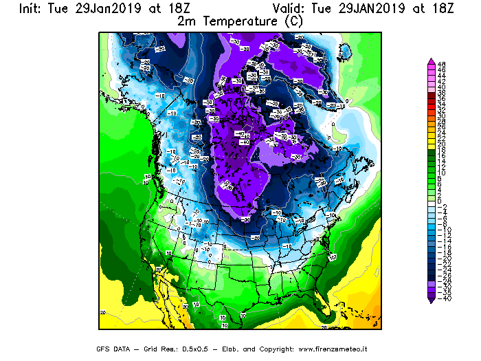 Mappa di analisi GFS - Temperatura a 2 metri dal suolo [°C] in Nord-America
							del 29/01/2019 18 <!--googleoff: index-->UTC<!--googleon: index-->