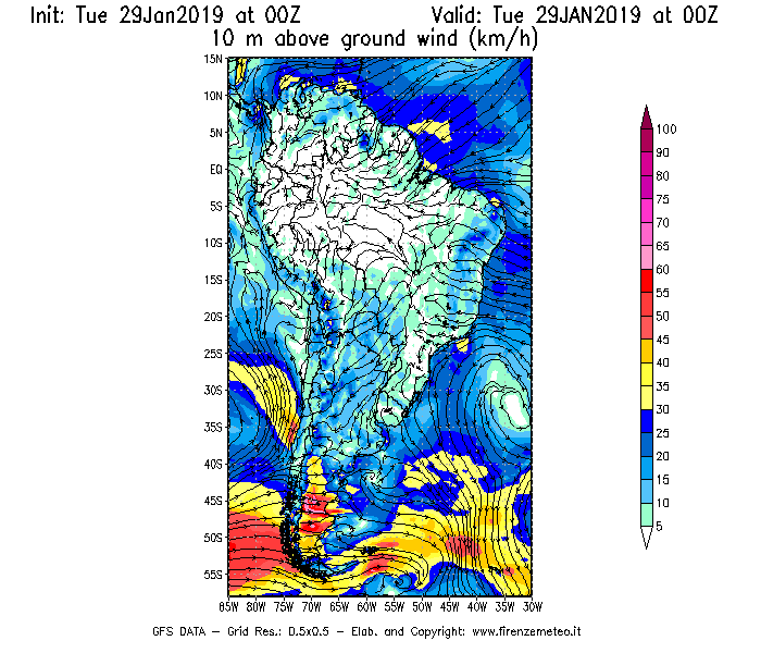 Mappa di analisi GFS - Velocità del vento a 10 metri dal suolo [km/h] in Sud-America
							del 29/01/2019 00 <!--googleoff: index-->UTC<!--googleon: index-->