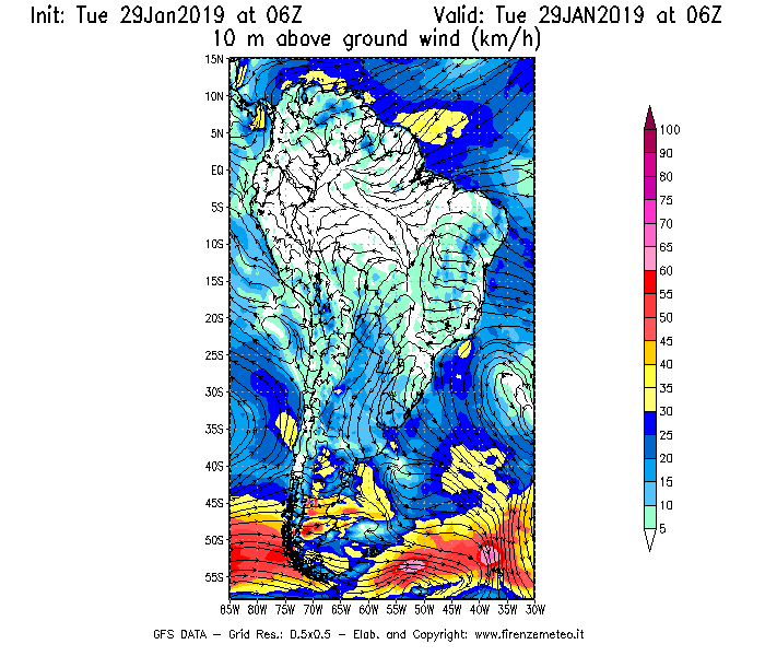 Mappa di analisi GFS - Velocità del vento a 10 metri dal suolo [km/h] in Sud-America
							del 29/01/2019 06 <!--googleoff: index-->UTC<!--googleon: index-->